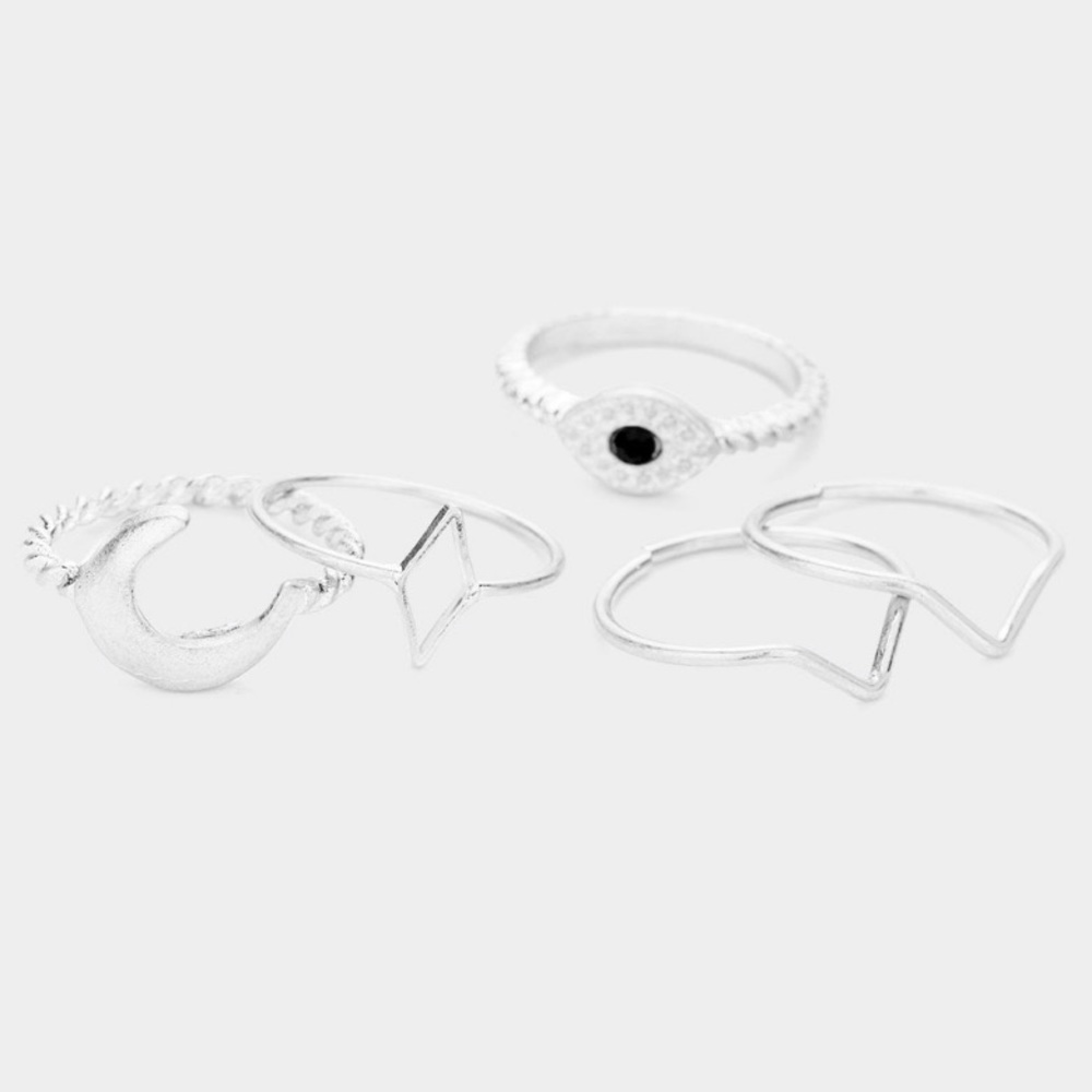 🆕 Metal Evil Eye Crescent Moon Mixed 5pc Ring Set